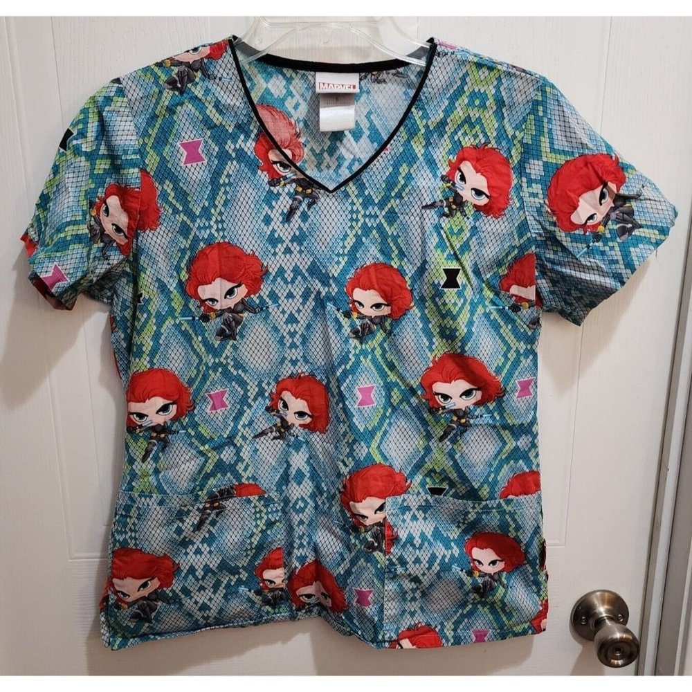 Marvel Women's Black Widow Scrub Top Short Sleeve V Neck Blue‎ Size Small